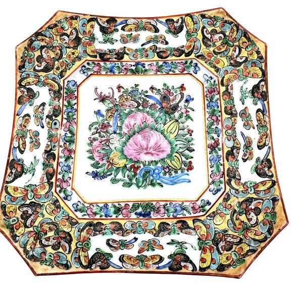 Rose Canton Square 7.5" Plate W/ 1000 Butterflies Design Circa 1920 - Picture 1 of 7